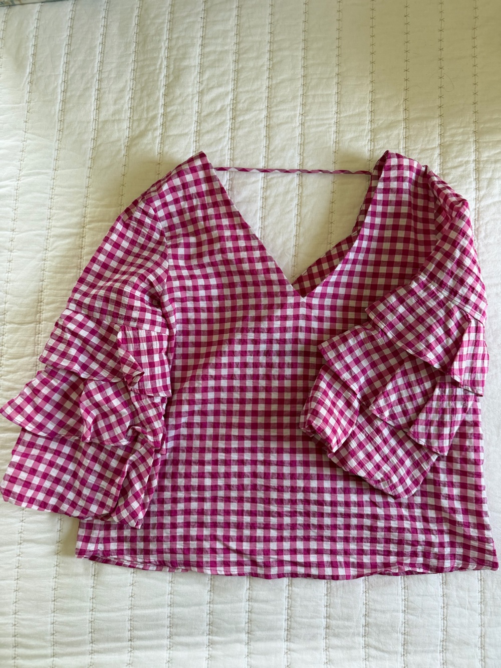 Zara Pink and White Gingham Ruffle Sleeve  Top